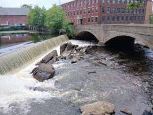 The Talbot Mills Dam in Billerica with the Faulkner Street Bridge downstream. (Photo by Carole Plumb)