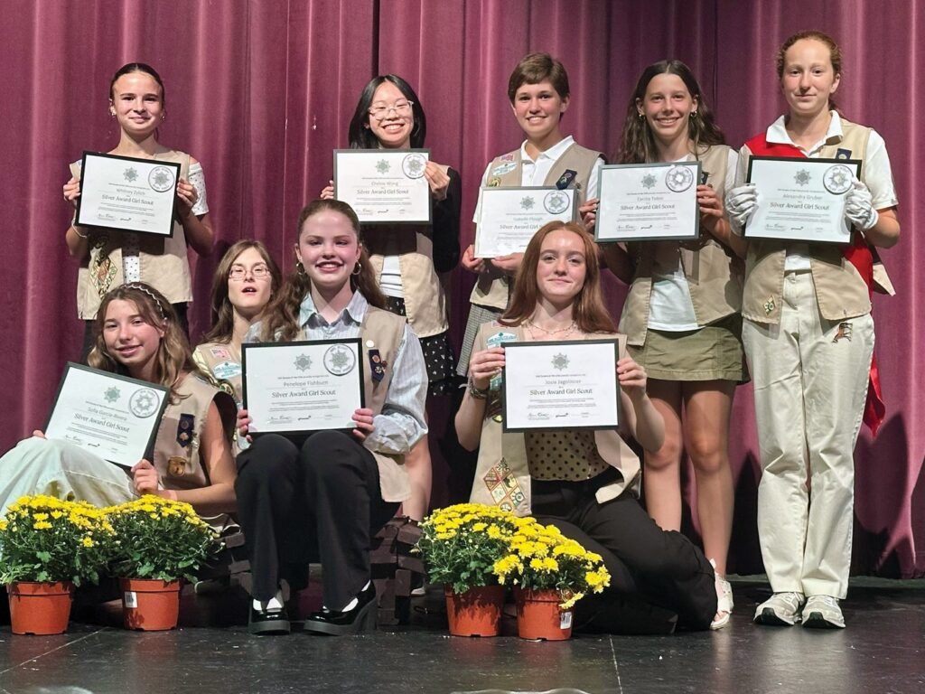 Left to right: Whitney Zylich, Chelsie Wong, Isabelle Plough, Cecilia Tobin, Alexandra Gruber, Sofia Garcia-Rivera, Faith Plante, Penelope Fishburn, Josie Jagolinzer. All the girls are from Wayland except for Faith Plante, who lives in Framingham. (Photo by Christi-Anne Plough)