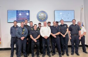 Recent hires and promotions in the Wayland Fire Department included (front row, from left): Cullen Millerick, Kenneth McGuire, Mitchell Mabardy, Clare Moloney, and James Sykes.