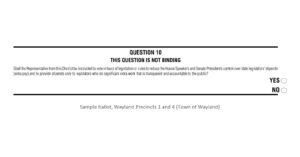 Close-up of Question 10 on the Wayland Precincts 1 and 4 sample ballot: a nonbinding question on legislators' stipends
