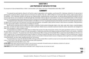 Close-up of Question 6 on the Wayland sample ballot: Law proposed by initiative petition to establish a Nature for All Fund