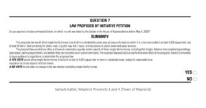Close-up of Question 7 on the Wayland sample ballot: Law proposed by initiative petition on single-family homes on lots of at least 5,000 square feet