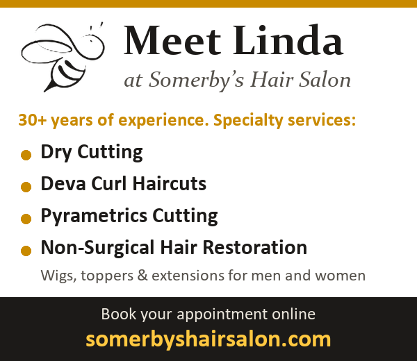 Meet Linda at Somerby's Hair Salon: 30+ years of experience, dry cutting, Deva curl haircuts, Pyrametrics cutting, non-surgical hair restoration. Book at somerbyshairsalon.com